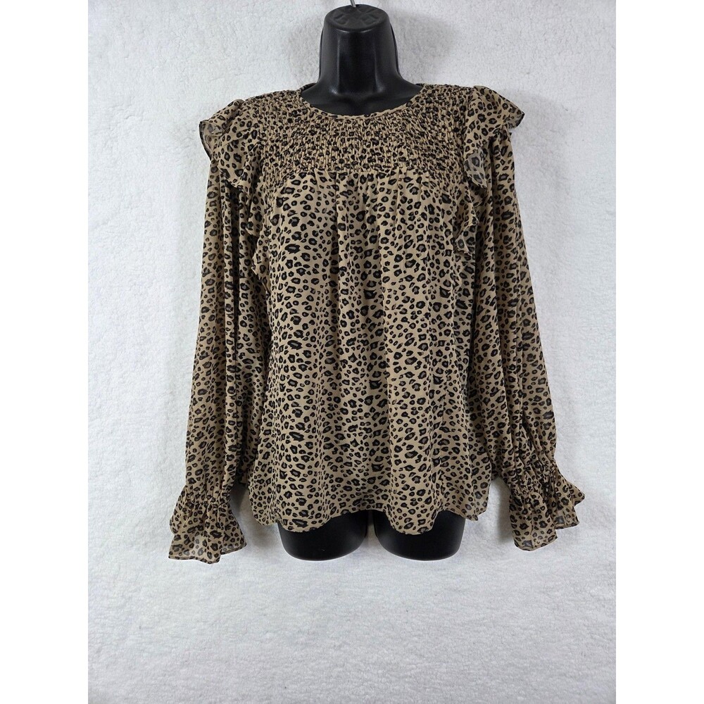 Womens Boho Chic Blouse Plus 1X Tan Leopard Print Smocked Ruffle Sheer Flowy Top